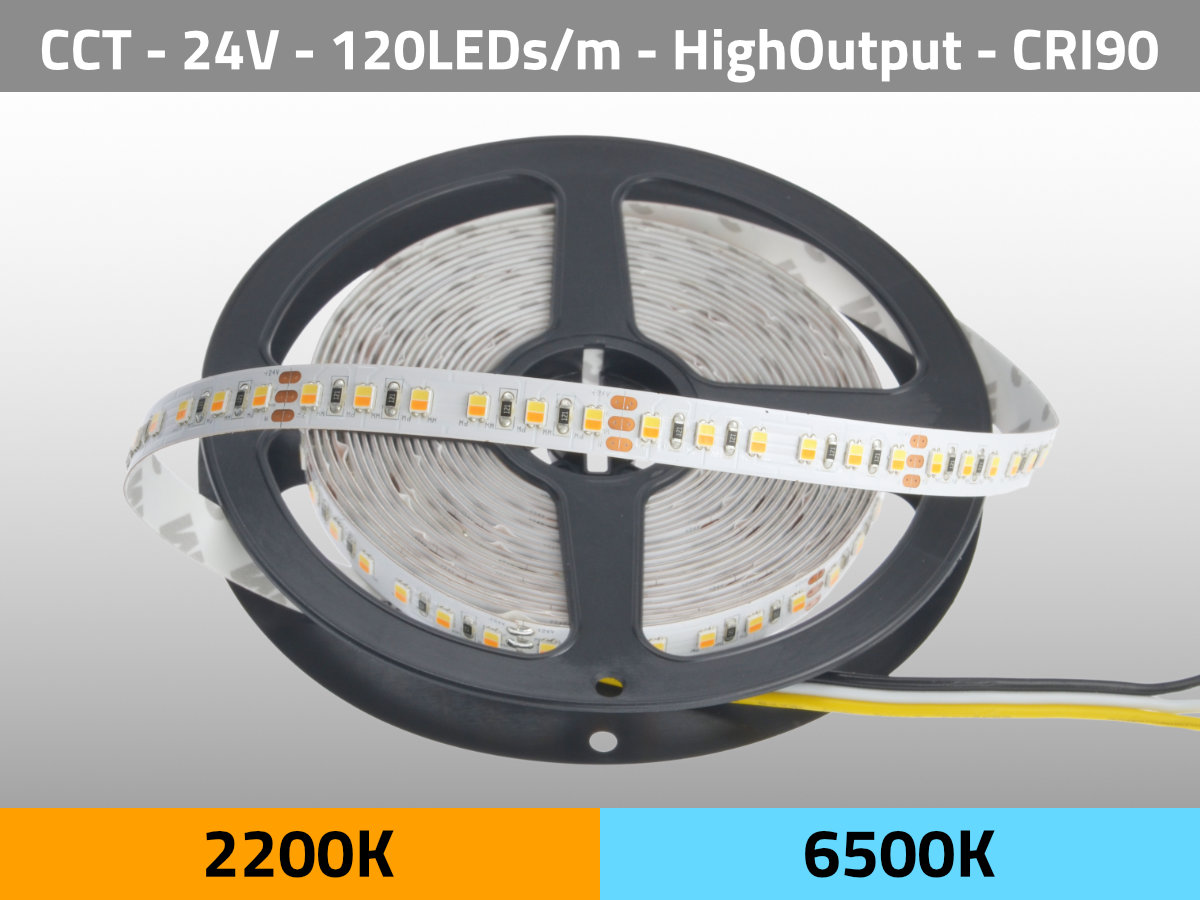 Begeleiden logica Vergevingsgezind LED Strip CCT 2200K-6500K 24V 28.8W/m 120LEDs/m HighOutput CRI90 | GKORE  PRO Series | CCT | 2200 K | 6500 K | CINELEDS