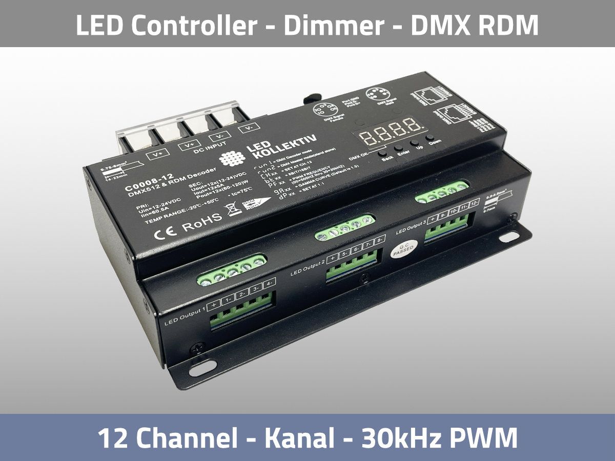 12 Channel DMX RDM LED Controller 12x 5A PWM XLR5 with Master Mode | 8 ...